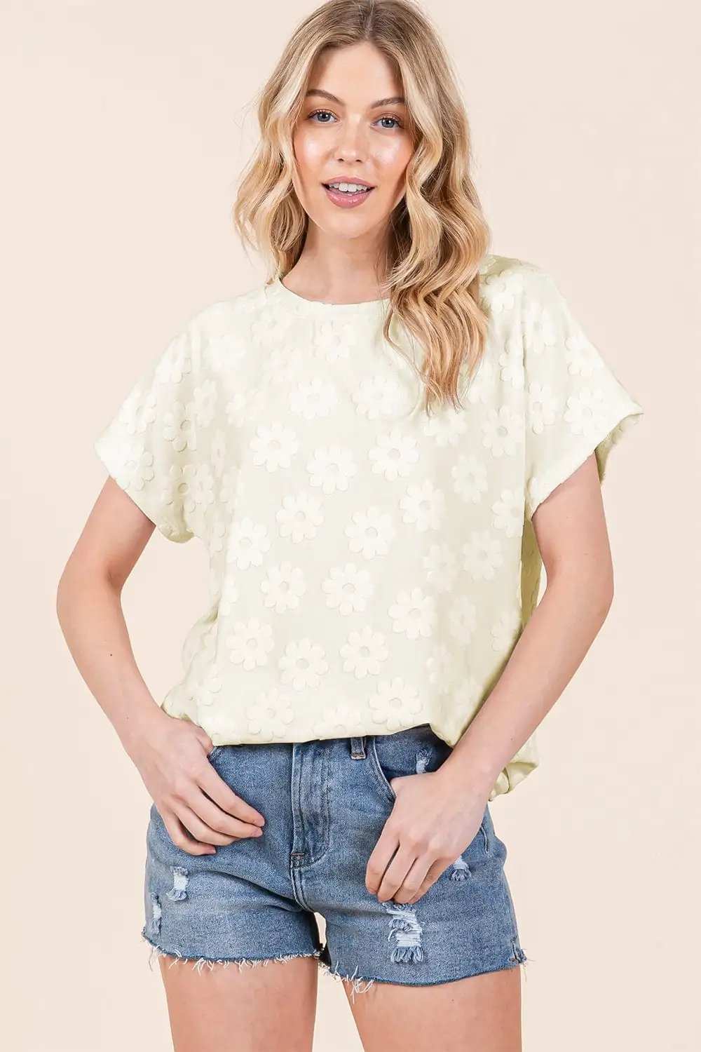 BOMBOM Textured Floral Pattern Short Sleeve T-Shirt - Trendsi - Flyclothing LLC