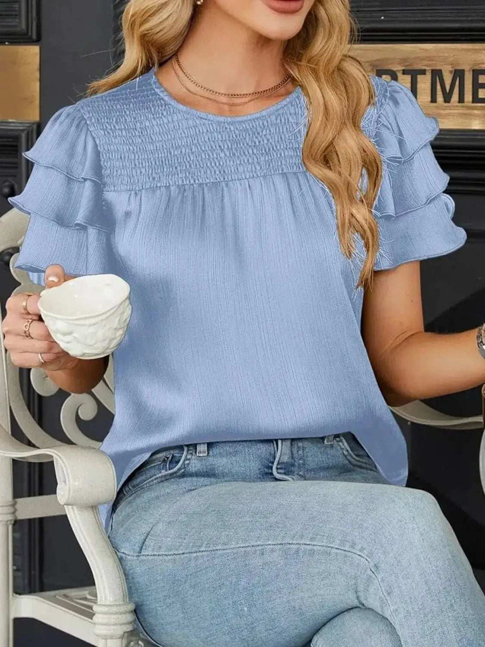 Smocked Round Neck Ruffled Layered Sleeve Blouse - Trendsi - Flyclothing LLC