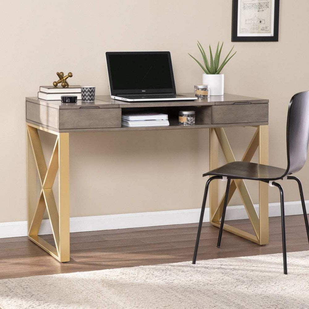 Modern Gray and Gold Writing Desk with Storage - Homeroots - Flyclothing LLC