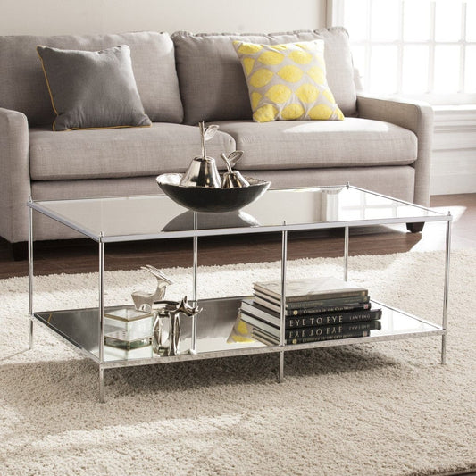 42" Chrome Glass And Metal Rectangular Mirrored Coffee Table - Homeroots