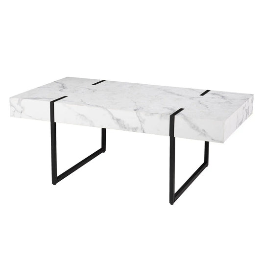43" White And Black Faux Marble And Metal With Iron Coffee Table - Homeroots