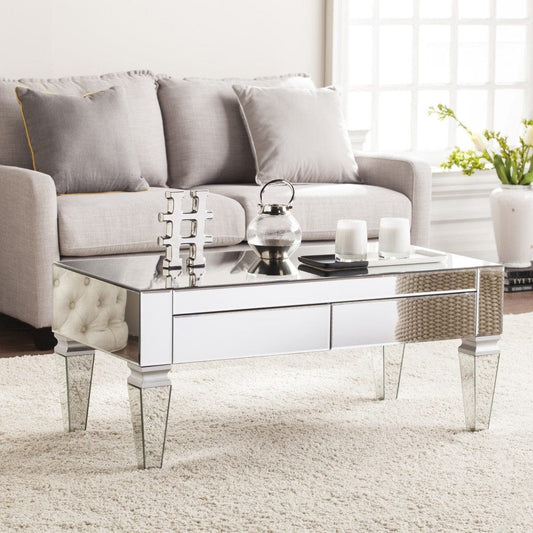 41" Silver Glass With Iron Mirrored Coffee Table - Homeroots