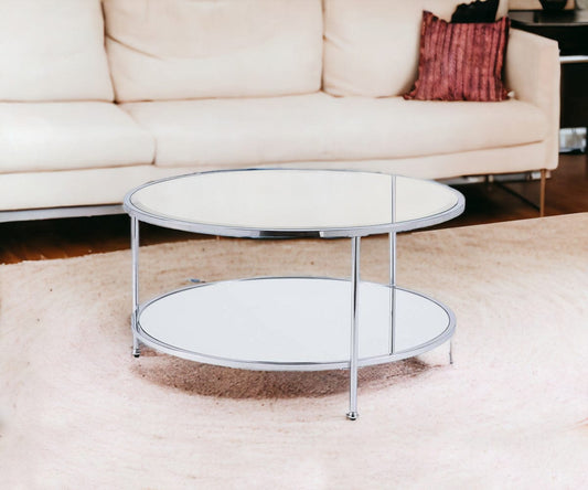 34" Chrome Glass And Metal Round Mirrored Coffee Table - Homeroots