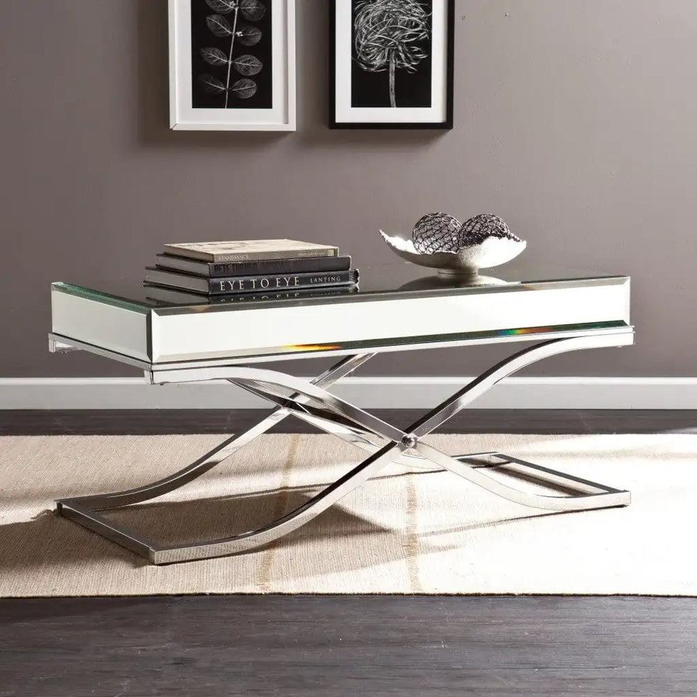 42" Silver Mirrored And Metal Rectangular Mirrored Coffee Table - Homeroots - Flyclothing LLC