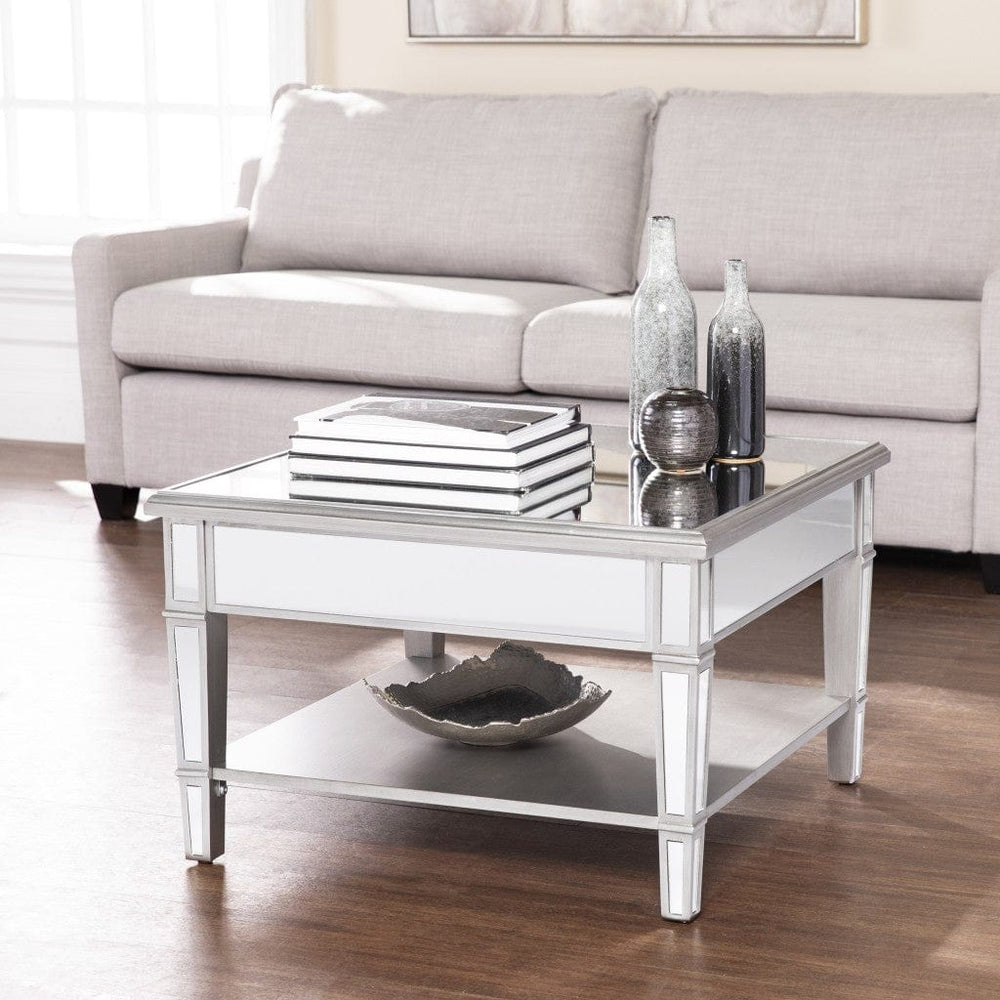 29" Silver Mirrored Square Coffee Table With Shelf - Homeroots - Flyclothing LLC