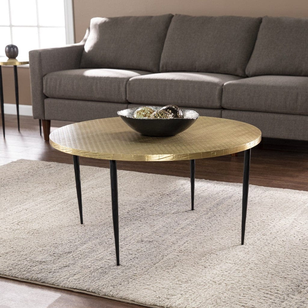 34" Black And Gold Embossed Metal Round Coffee Table - Homeroots