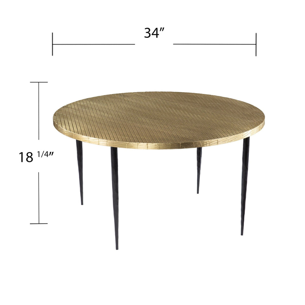 34" Black And Gold Embossed Metal Round Coffee Table - Homeroots