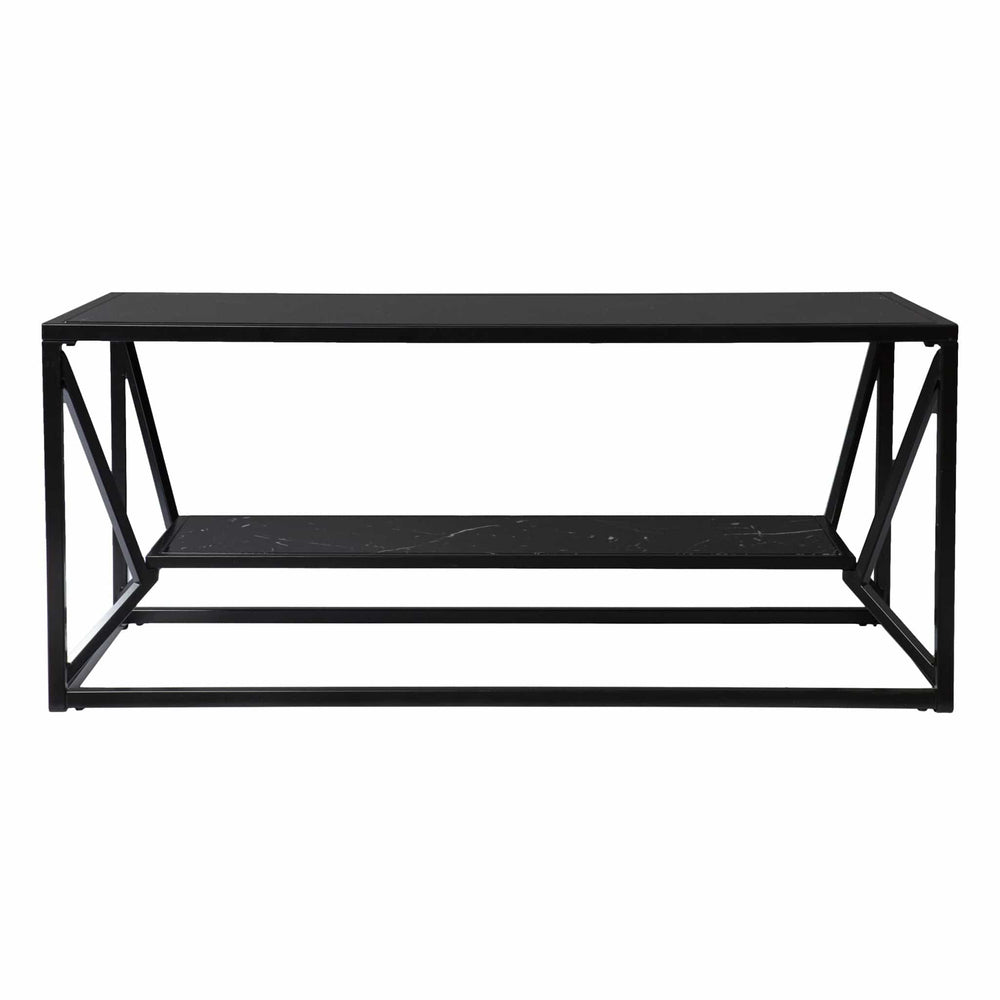 42" Black Glass Faux Marble And Metal Coffee Table With Shelf - Homeroots - Flyclothing LLC