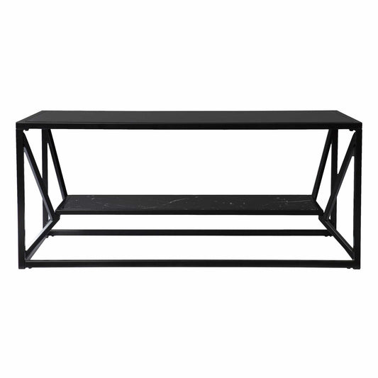 42" Black Glass Faux Marble And Metal Coffee Table With Shelf - Homeroots
