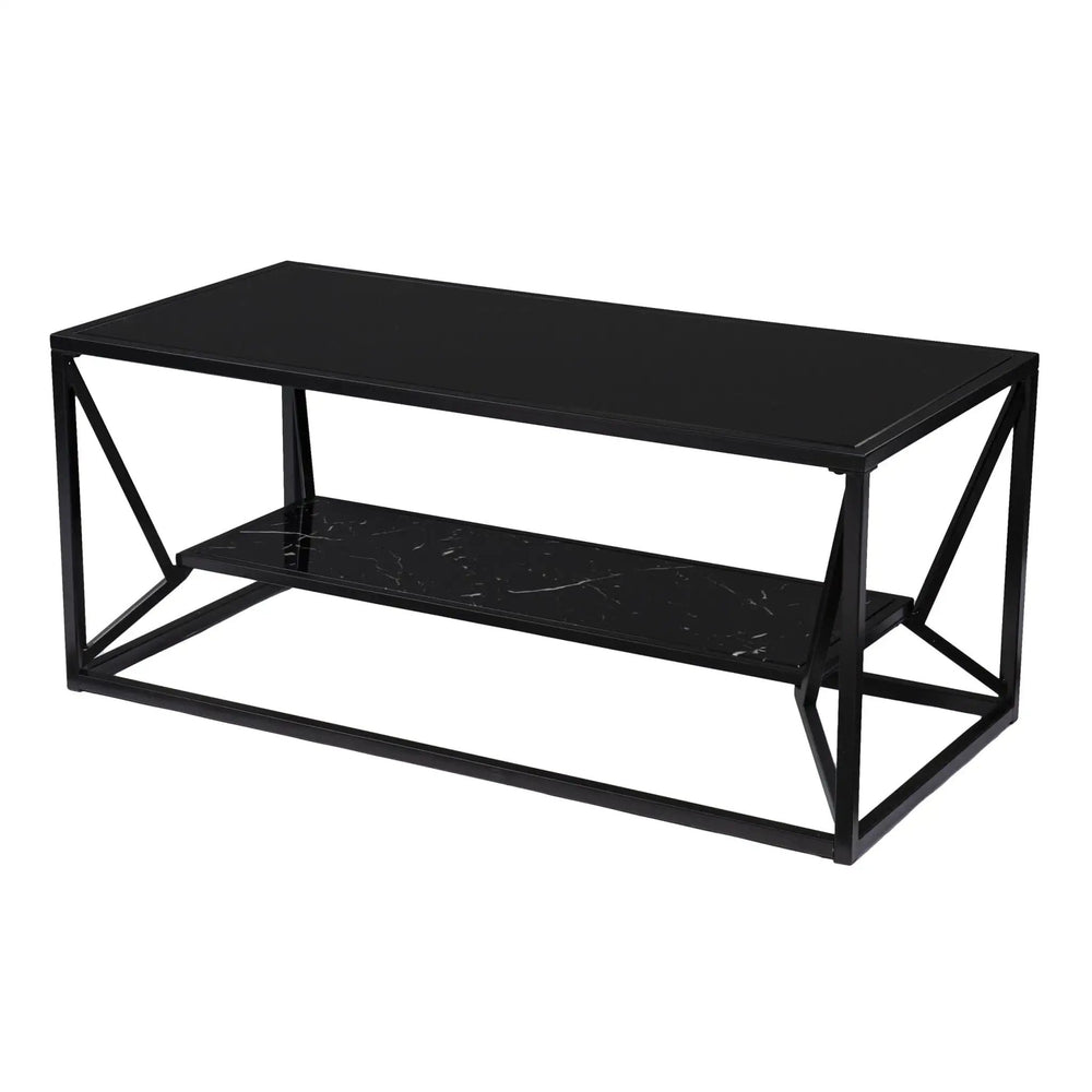 42" Black Glass Faux Marble And Metal Coffee Table With Shelf - Homeroots - Flyclothing LLC
