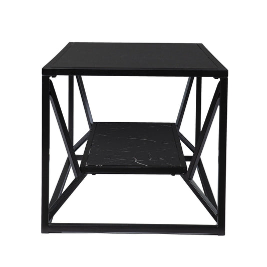42" Black Glass Faux Marble And Metal Coffee Table With Shelf - Homeroots