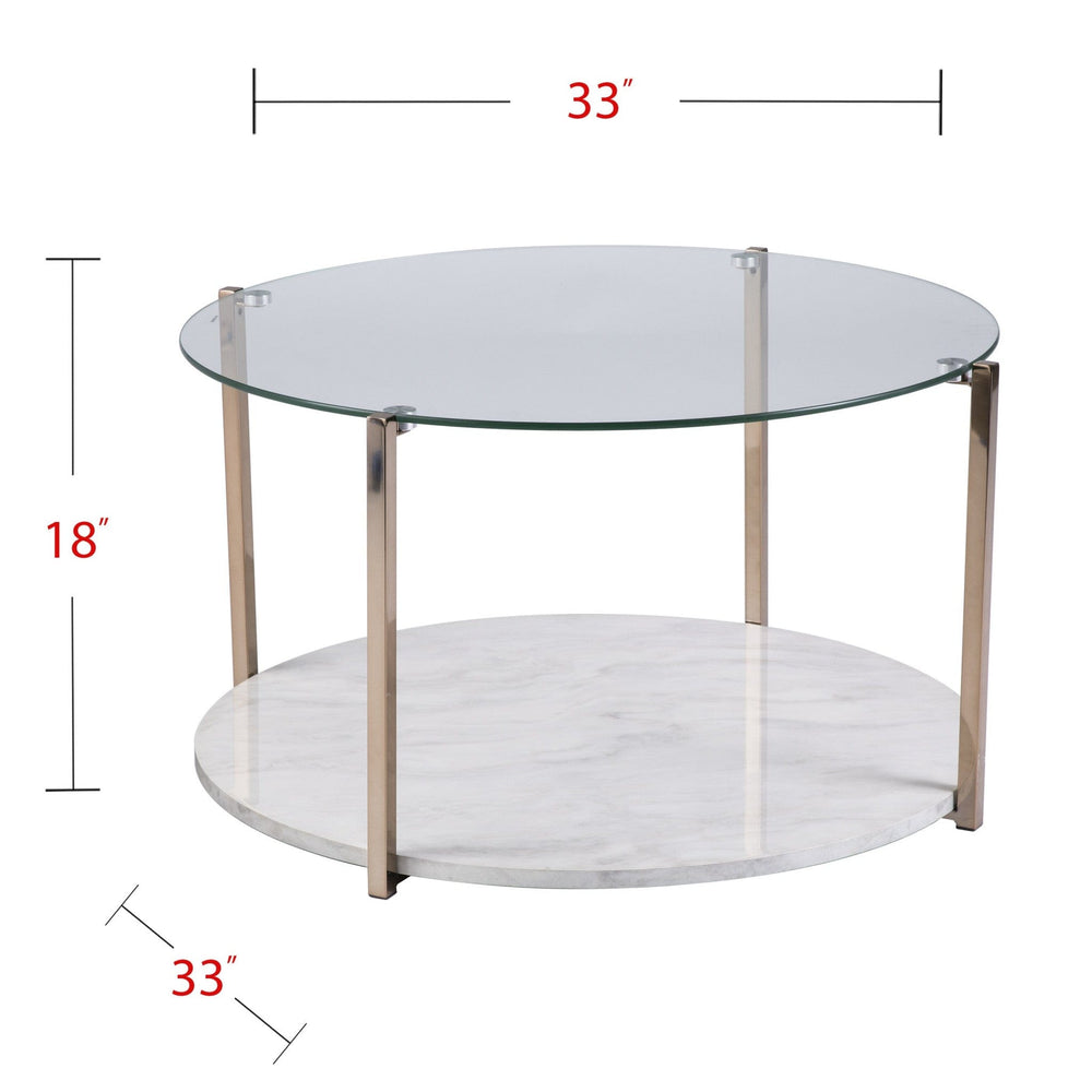 33" Gold Glam Glass And Faux Marble Two Tier Round Coffee Table - Homeroots - Flyclothing LLC