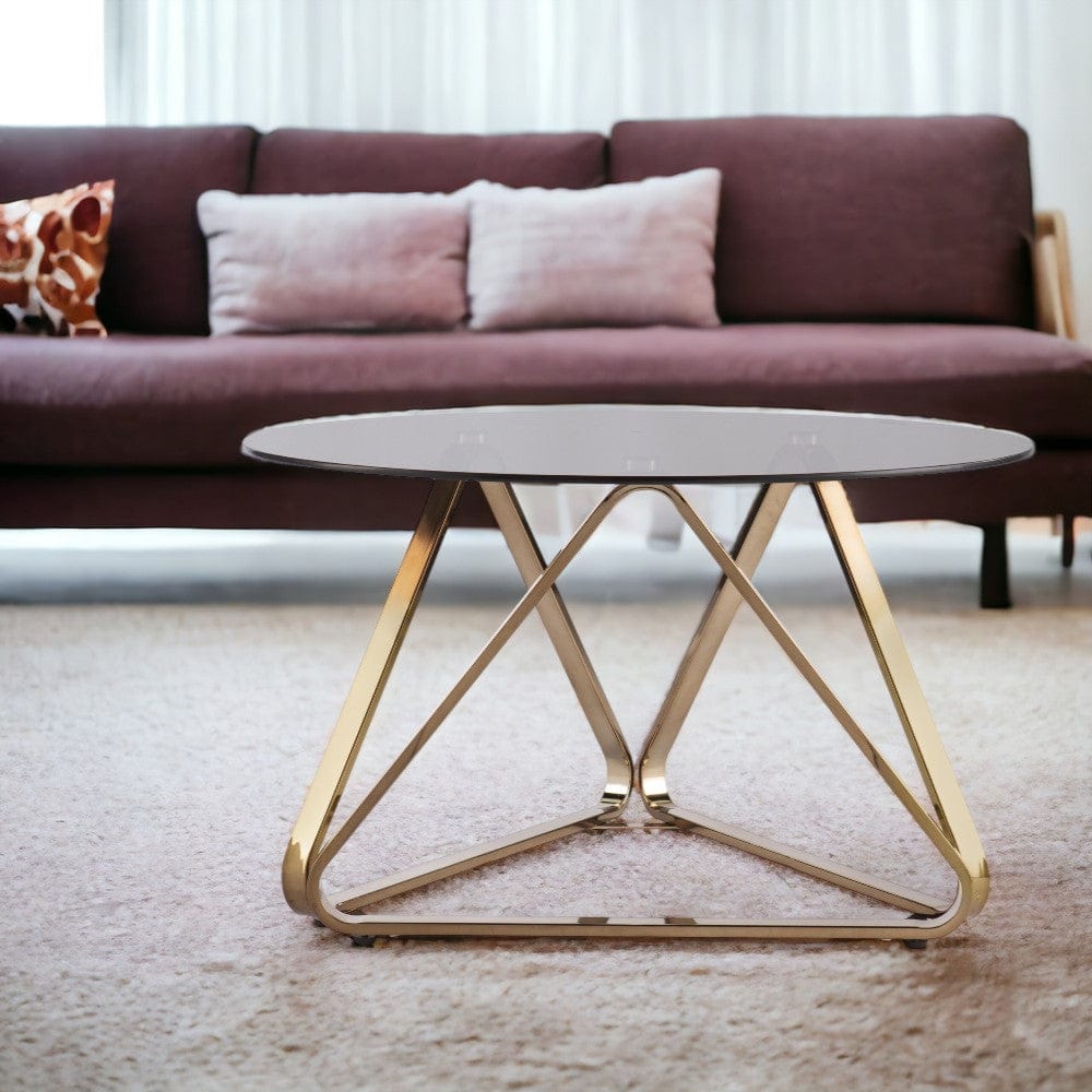 31" Champagne Glass And Metal Round Coffee Table - Homeroots - Flyclothing LLC