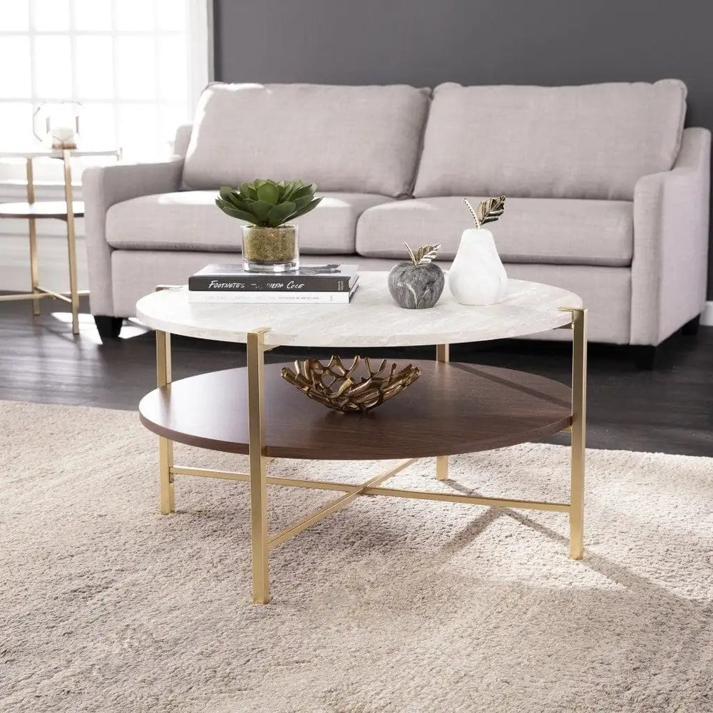 33" Brass Solid Manufactured Wood And Metal Round Coffee Table - Homeroots - Flyclothing LLC