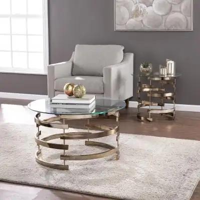 32" Clear And Champagne Glass And Metal With Iron Round Coffee Table - Homeroots - Flyclothing LLC