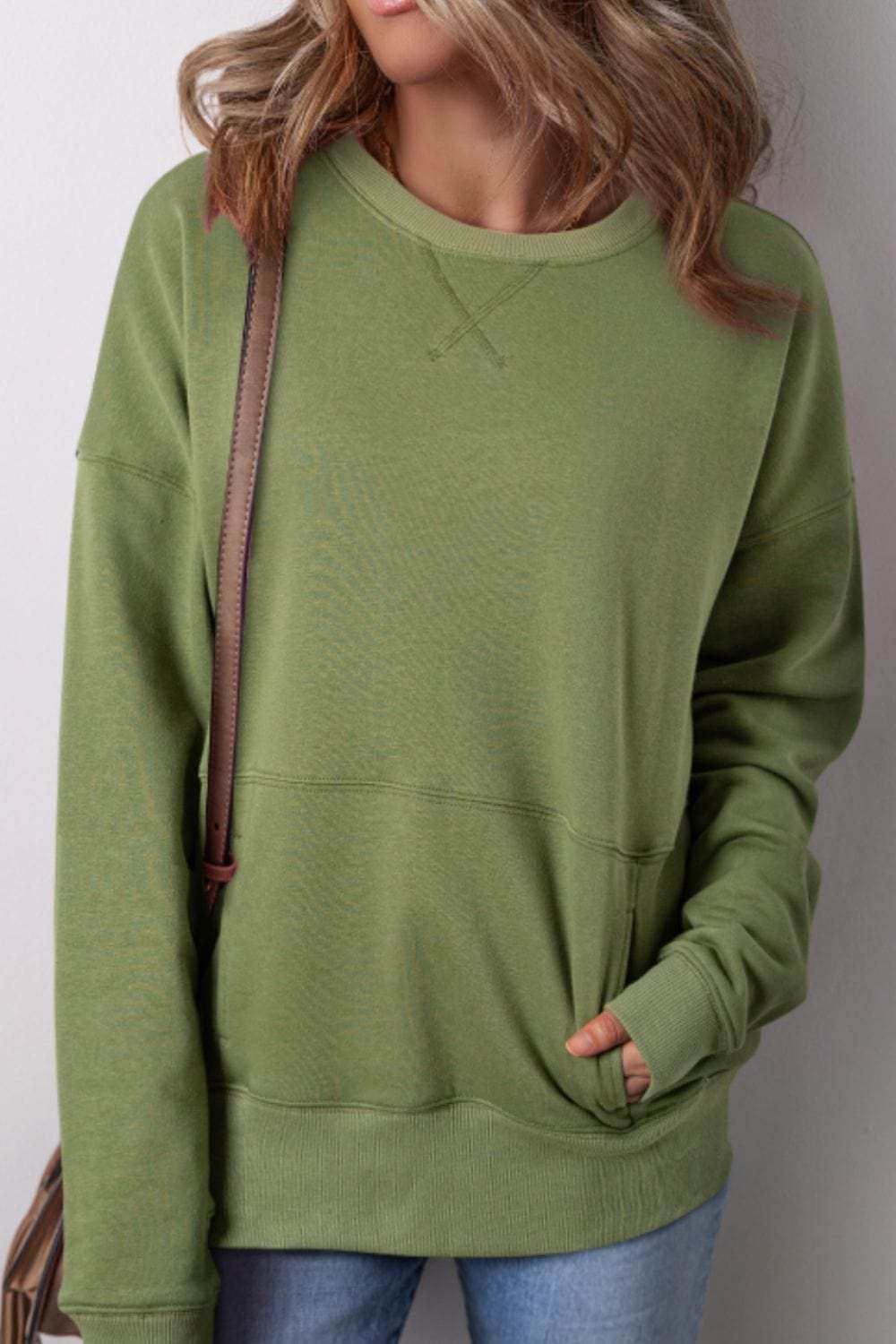 Solid Color Round Neck Long Sleeve Sweatshirt - Trendsi - Flyclothing LLC