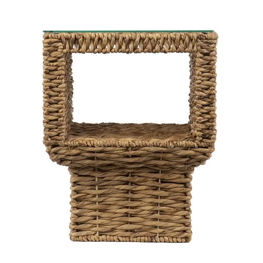 23" Brown And Clear Glass And Rattan Wicker Square End Table - Homeroots