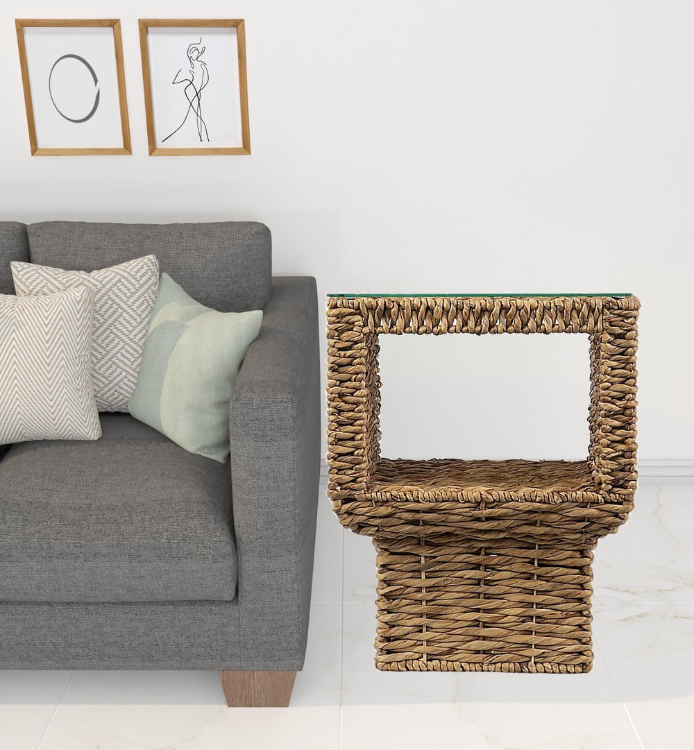 23" Brown And Clear Glass And Rattan Wicker Square End Table - Homeroots