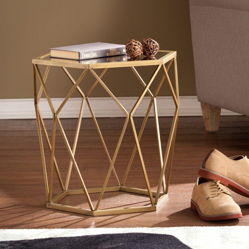 19" Gold And Reflective Glass Hexagon Mirrored End Table - Homeroots