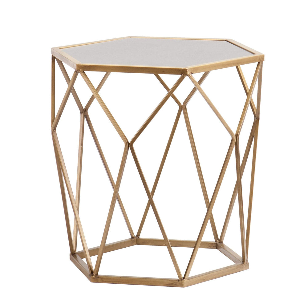 19" Gold And Reflective Glass Hexagon Mirrored End Table - Homeroots