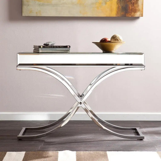 42" Silver Mirrored Glass Cross Leg Console Table - Homeroots