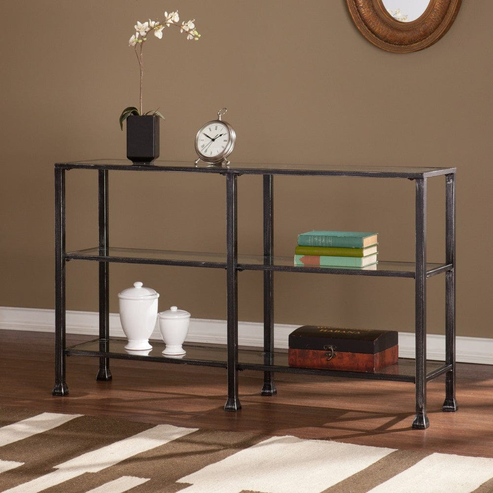 49" Clear and Black Glass Distressed Floor Shelf Console Table With Storage - Homeroots - Flyclothing LLC
