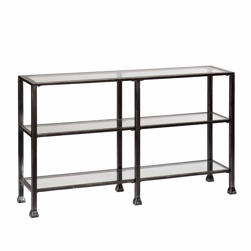 49" Clear and Black Glass Distressed Floor Shelf Console Table With Storage - Homeroots - Flyclothing LLC