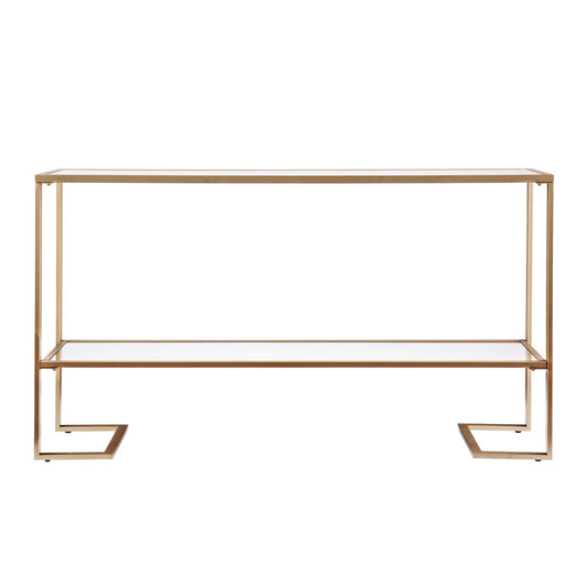 52" Clear and Gold Glass Mirrored Sled Console Table With Shelves - Homeroots