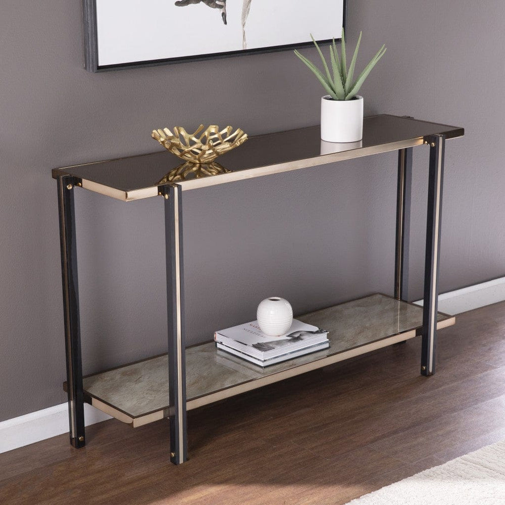 50" Smoky Black and Champagne Glass Mirrored Floor Shelf Console Table With Storage - Homeroots - Flyclothing LLC