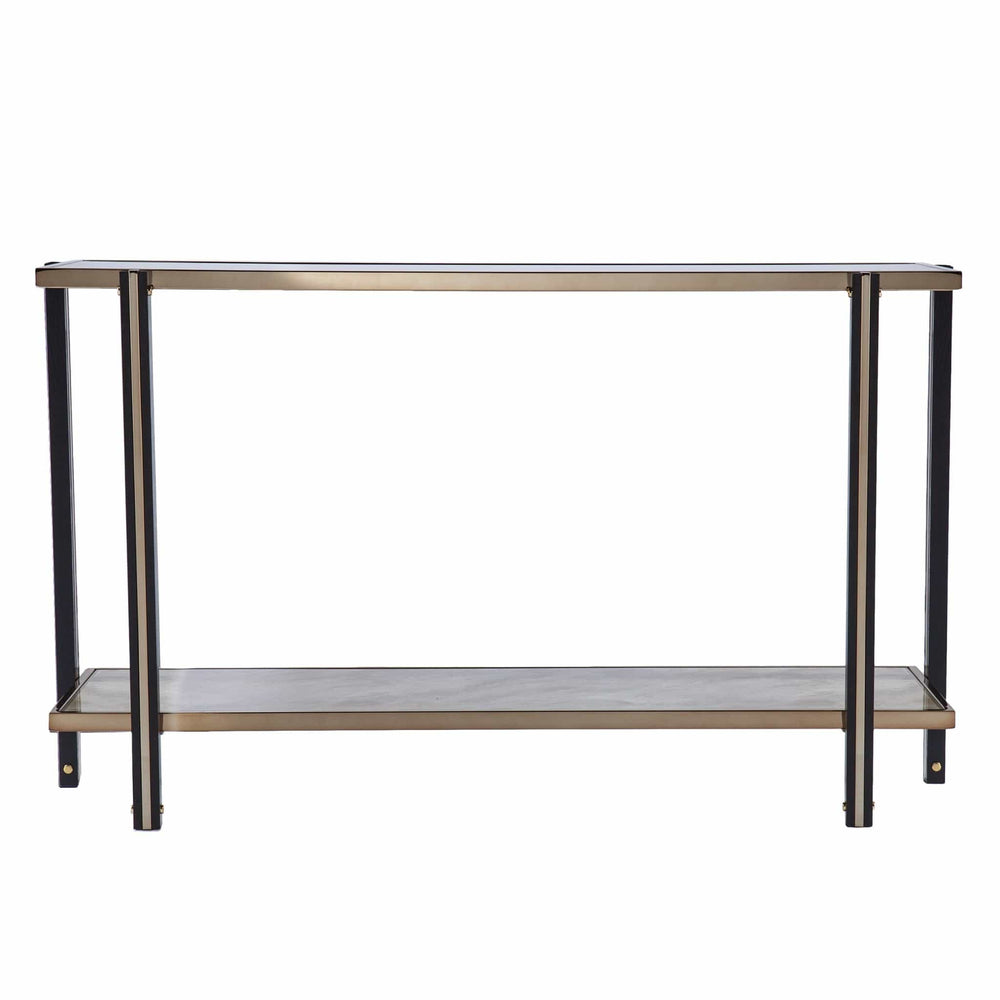 50" Smoky Black and Champagne Glass Mirrored Floor Shelf Console Table With Storage - Homeroots - Flyclothing LLC