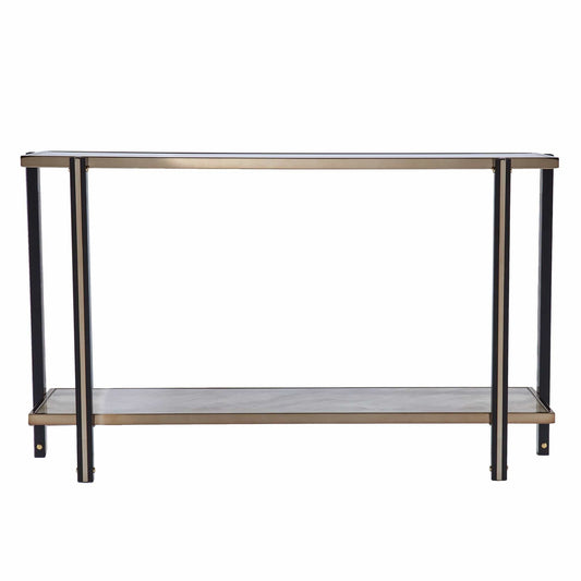 50" Smoky Black and Champagne Glass Mirrored Floor Shelf Console Table With Storage - Homeroots