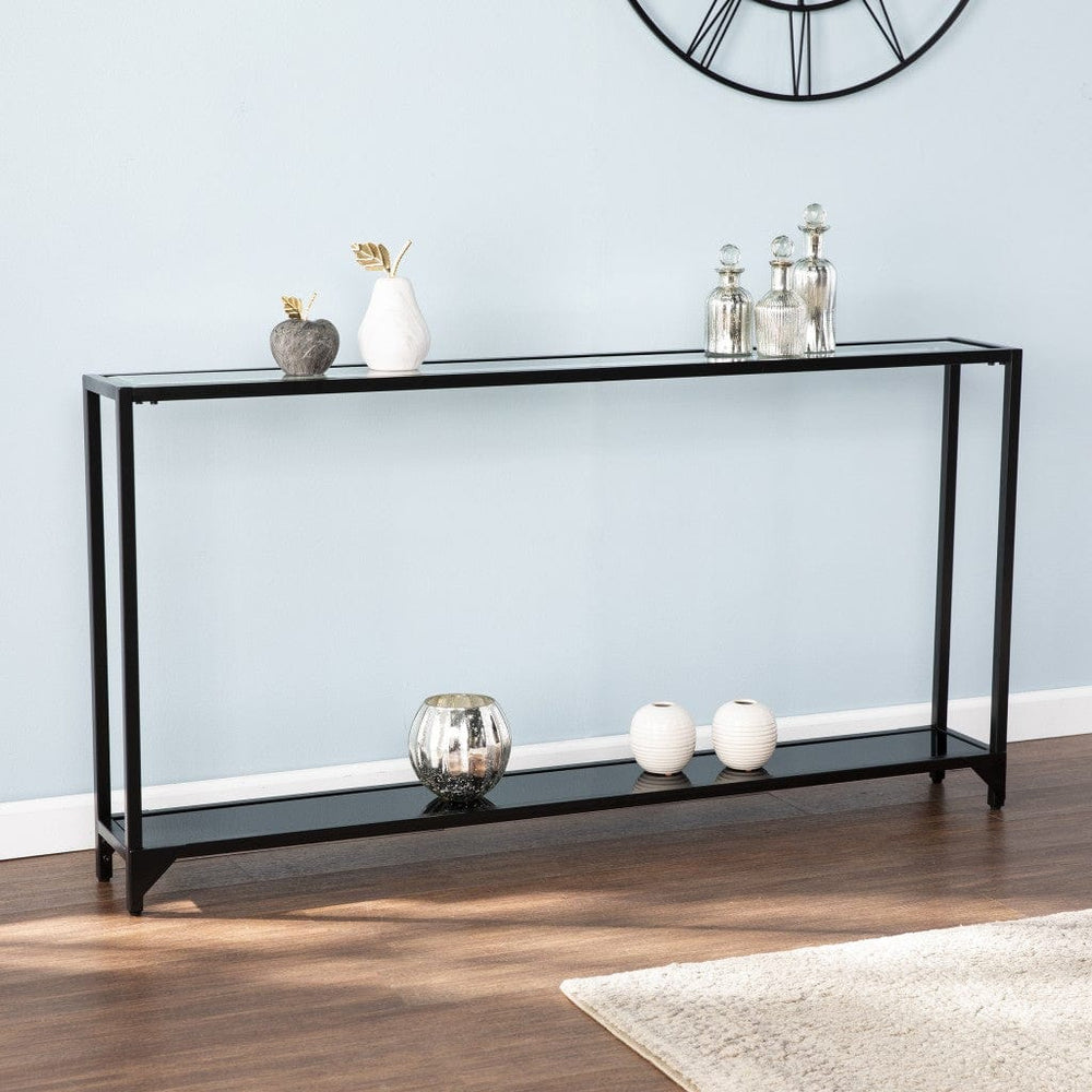 56" Clear and Black Glass Frame Console Table With Shelves - Homeroots - Flyclothing LLC