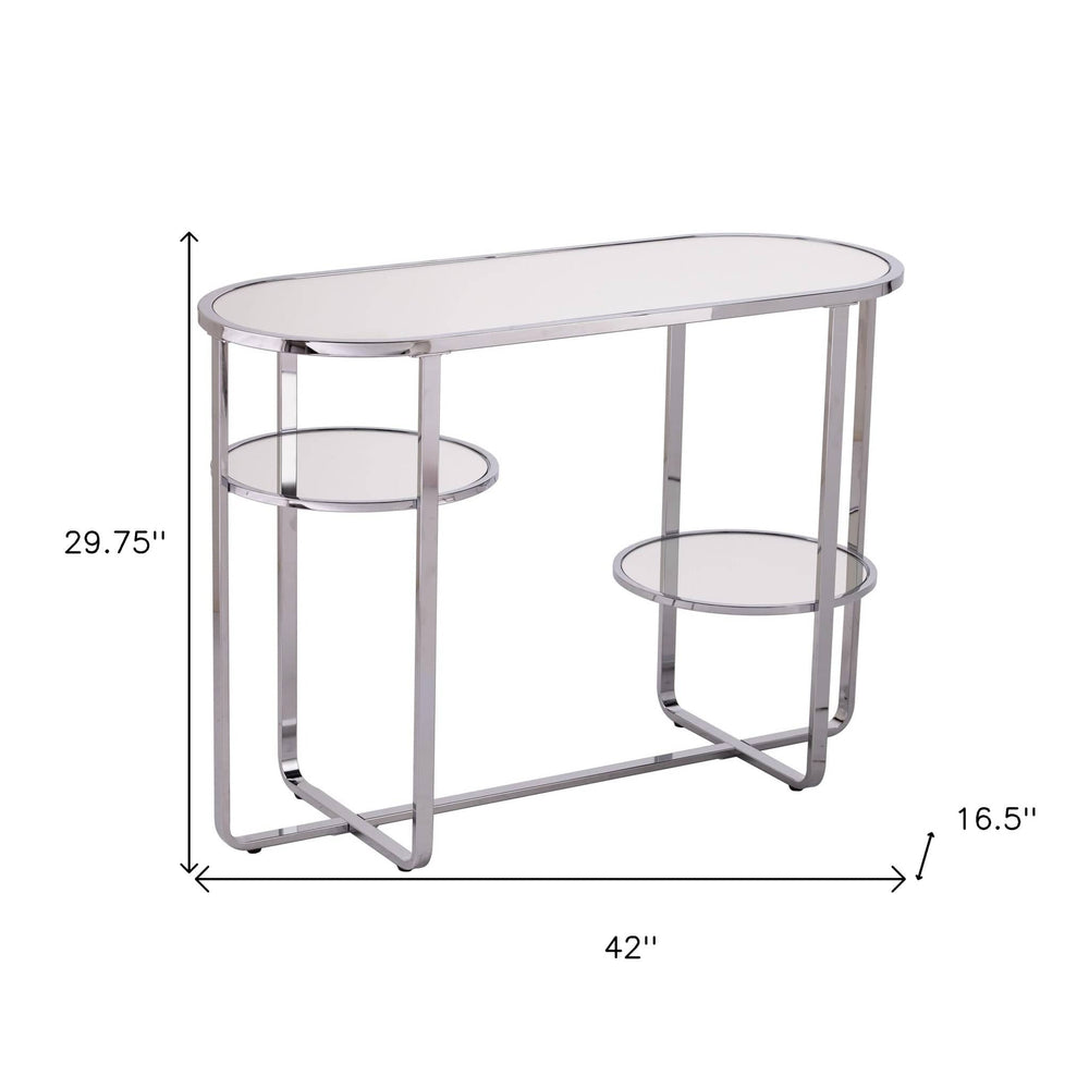 42" Silver Mirrored Glass Oval Cross Leg Console Table With Shelves - Homeroots - Flyclothing LLC
