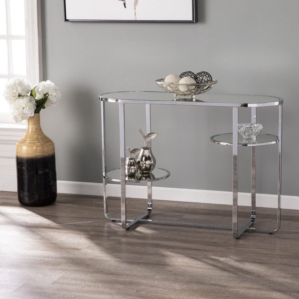 42" Silver Mirrored Glass Oval Cross Leg Console Table With Shelves - Homeroots - Flyclothing LLC