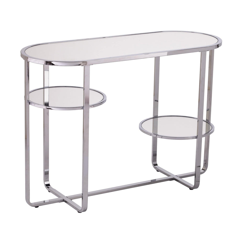 42" Silver Mirrored Glass Oval Cross Leg Console Table With Shelves - Homeroots - Flyclothing LLC
