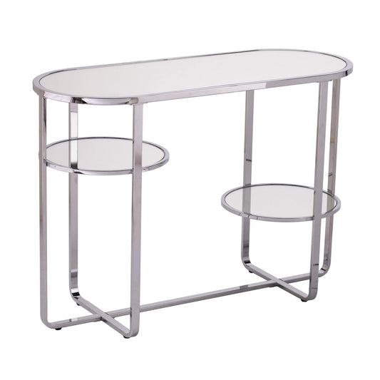 42" Silver Mirrored Glass Oval Cross Leg Console Table With Shelves - Homeroots