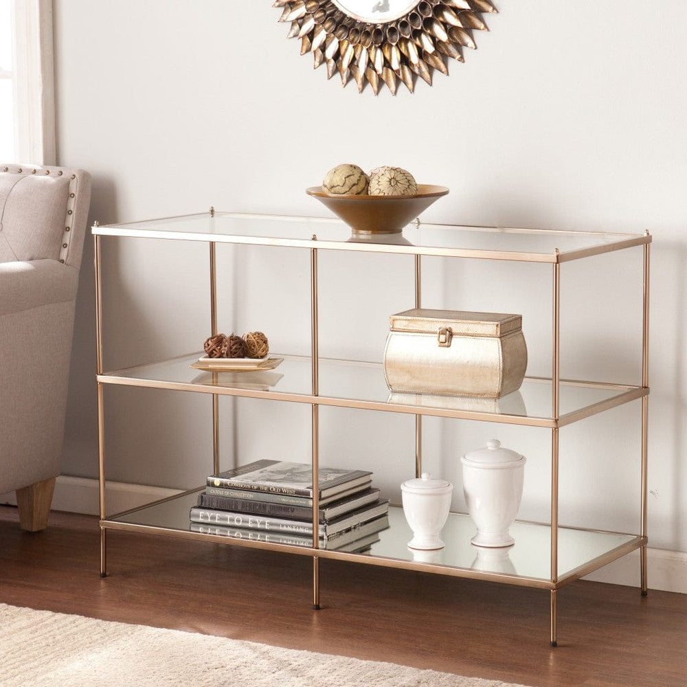 42" Clear and Gold Glass Mirrored Frame Console Table With Shelves - Homeroots - Flyclothing LLC