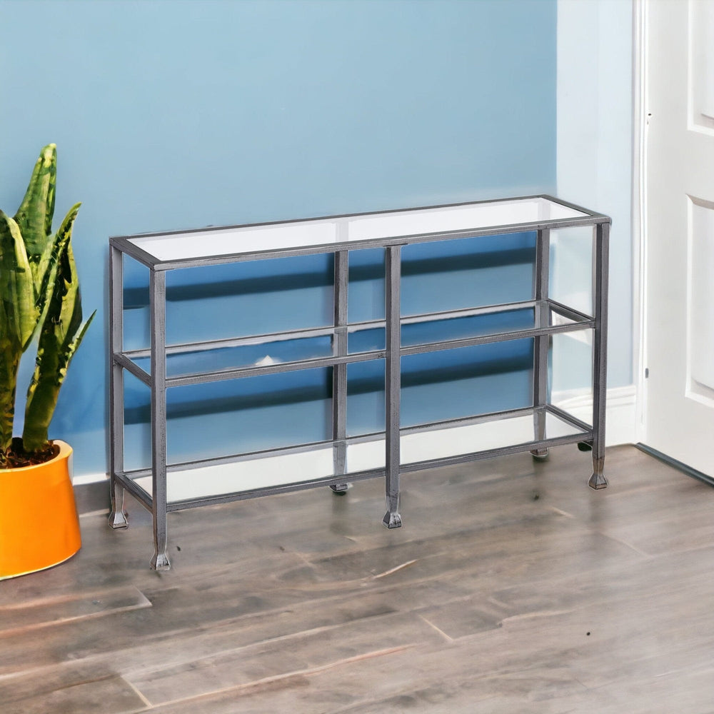 49" Clear and Silver Glass Distressed Frame Console Table With Shelves - Homeroots - Flyclothing LLC