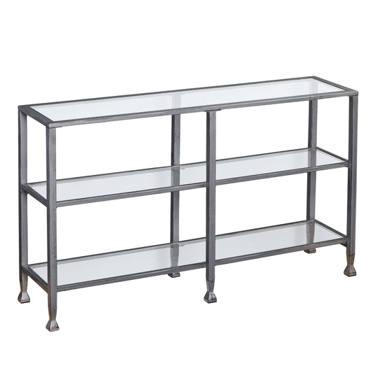 49" Clear and Silver Glass Distressed Frame Console Table With Shelves - Homeroots