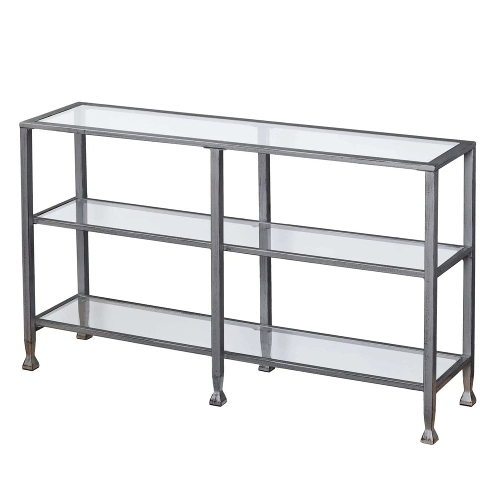 49" Clear and Silver Glass Distressed Frame Console Table With Shelves - Homeroots - Flyclothing LLC