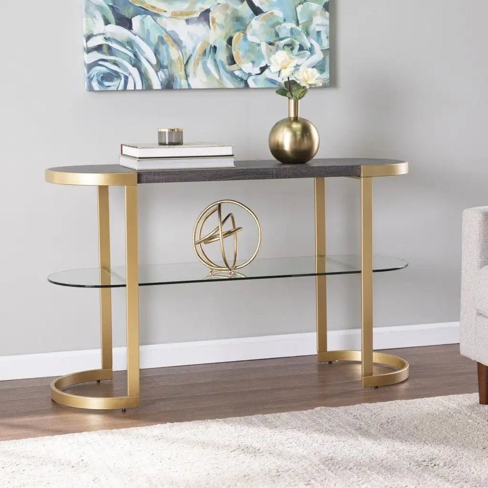49" Gray and Gold Solid Wood Oval Sled Console Table With Storage - Homeroots - Flyclothing LLC