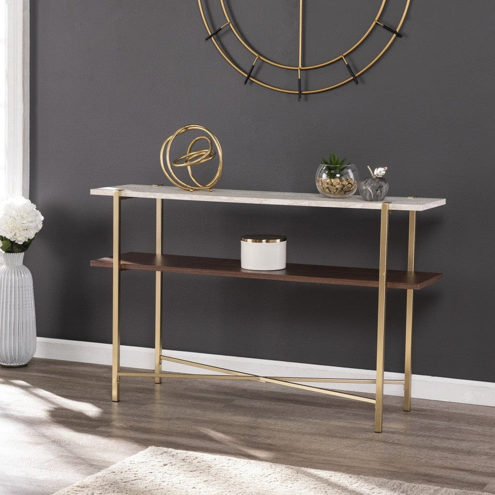 47" Beige and Gold Faux Marble Frame Console Table With Shelves - Homeroots - Flyclothing LLC