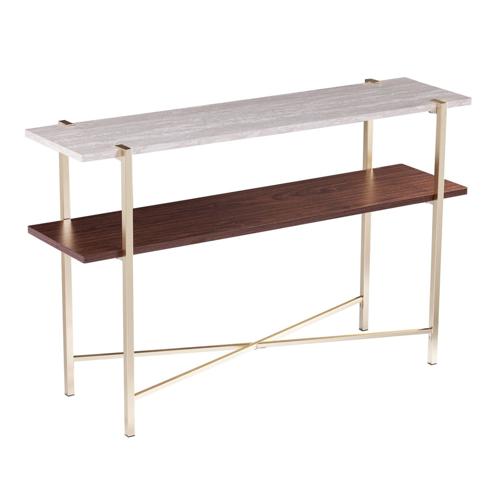 47" Beige and Gold Faux Marble Frame Console Table With Shelves - Homeroots - Flyclothing LLC