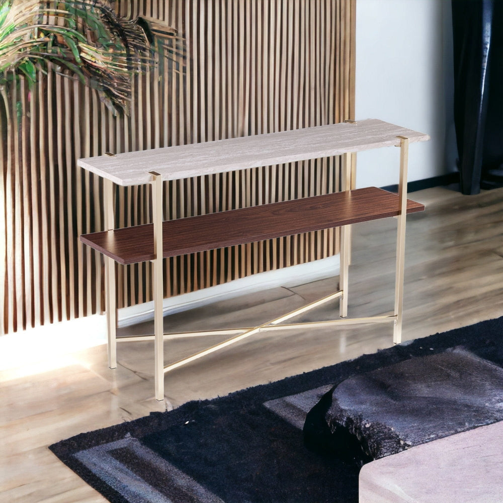 47" Beige and Gold Faux Marble Frame Console Table With Shelves - Homeroots - Flyclothing LLC