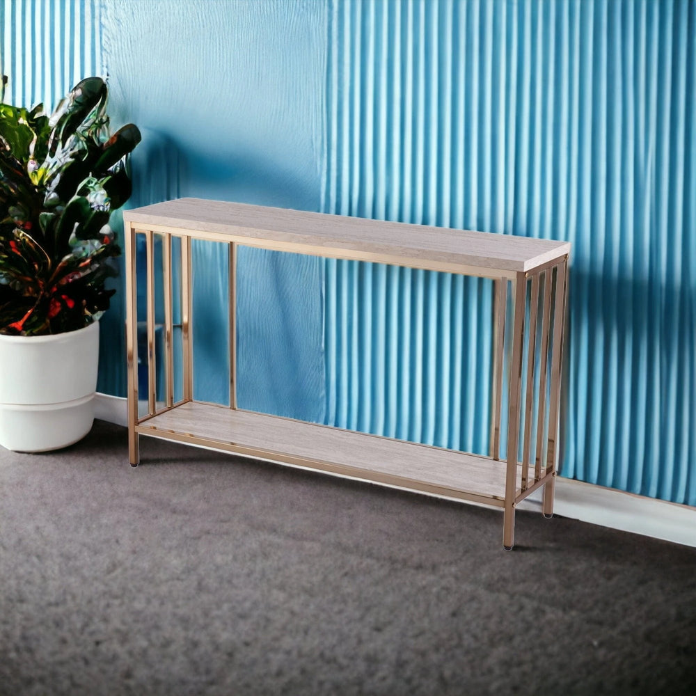 48" Champagne and Gold Faux Stone Floor Shelf Console Table With Storage - Homeroots - Flyclothing LLC