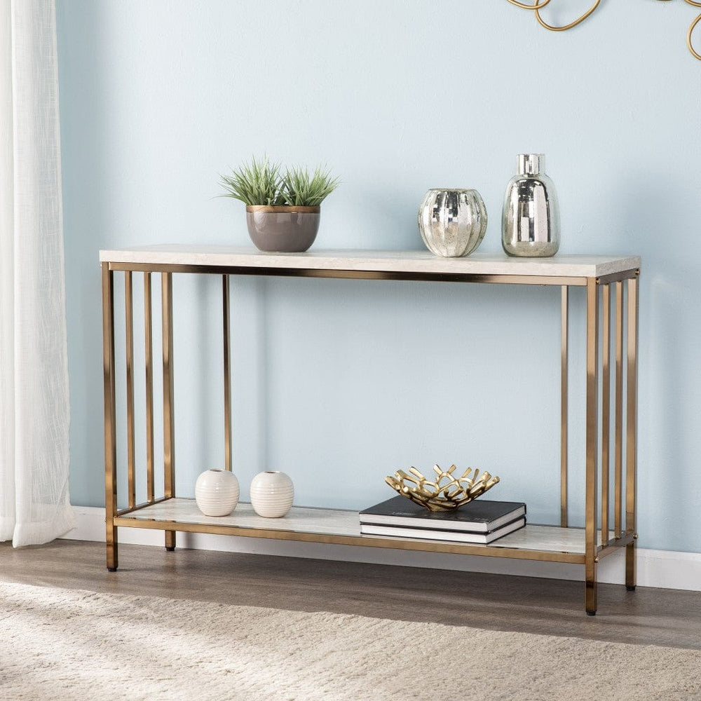 48" Champagne and Gold Faux Stone Floor Shelf Console Table With Storage - Homeroots - Flyclothing LLC