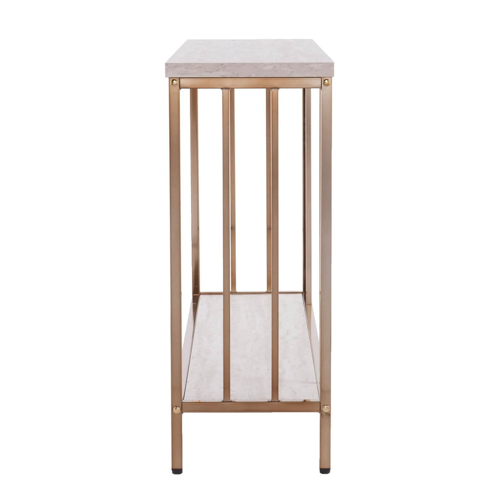 48" Champagne and Gold Faux Stone Floor Shelf Console Table With Storage - Homeroots - Flyclothing LLC
