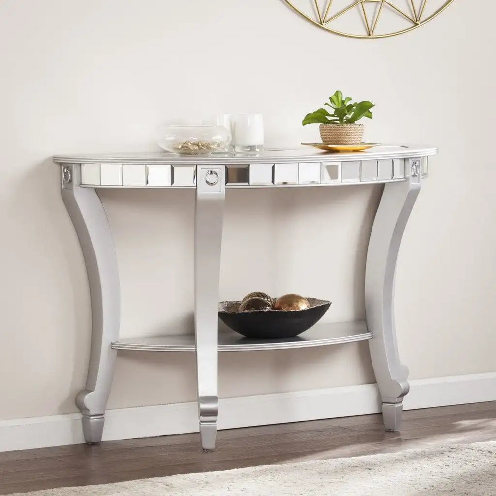 46" Silver Mirrored Glass Half Circle Console Table With Storage - Homeroots - Flyclothing LLC