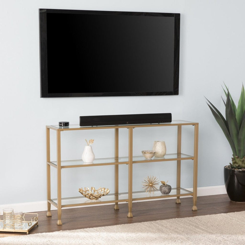 49" Clear and Gold Glass Floor Shelf Console Table With Storage - Homeroots - Flyclothing LLC