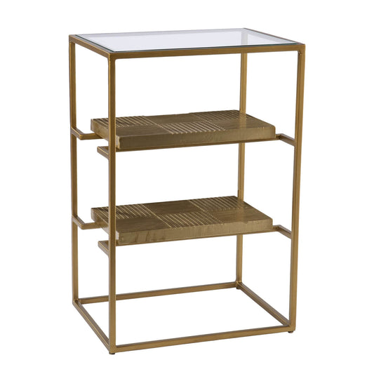 24" Brass Glass And Iron Rectangular End Table With Two Shelves - Homeroots